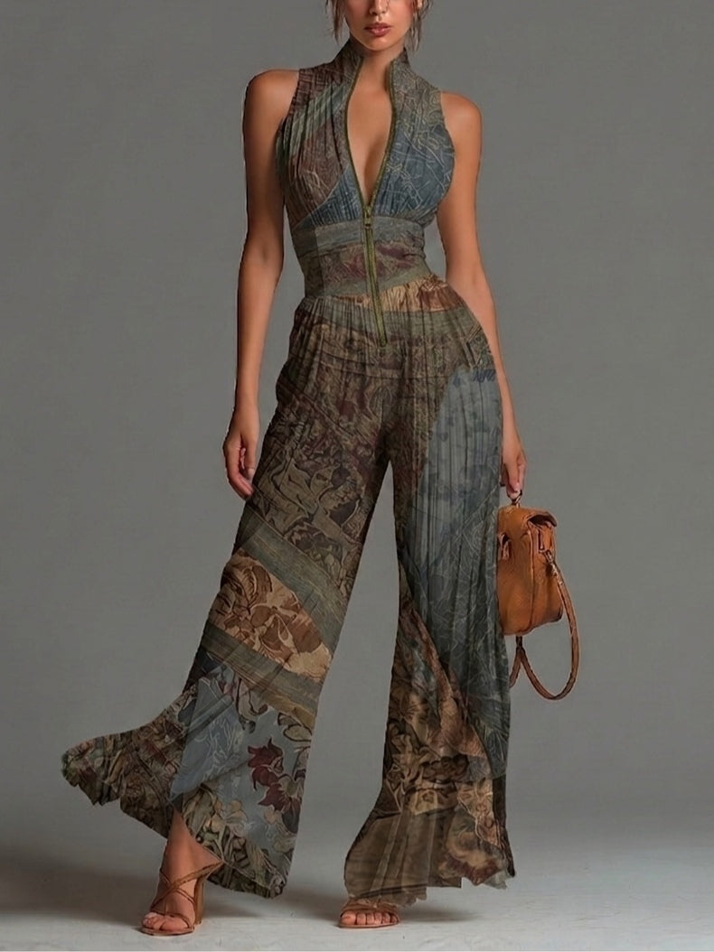 Bohemian Pleated Wide-Leg Jumpsuit