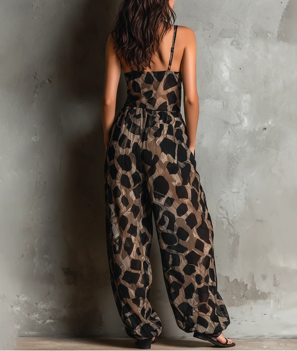 Roberta | Wide Black Chiffon Jumpsuit With Animal Print, Halter Neck and Pants