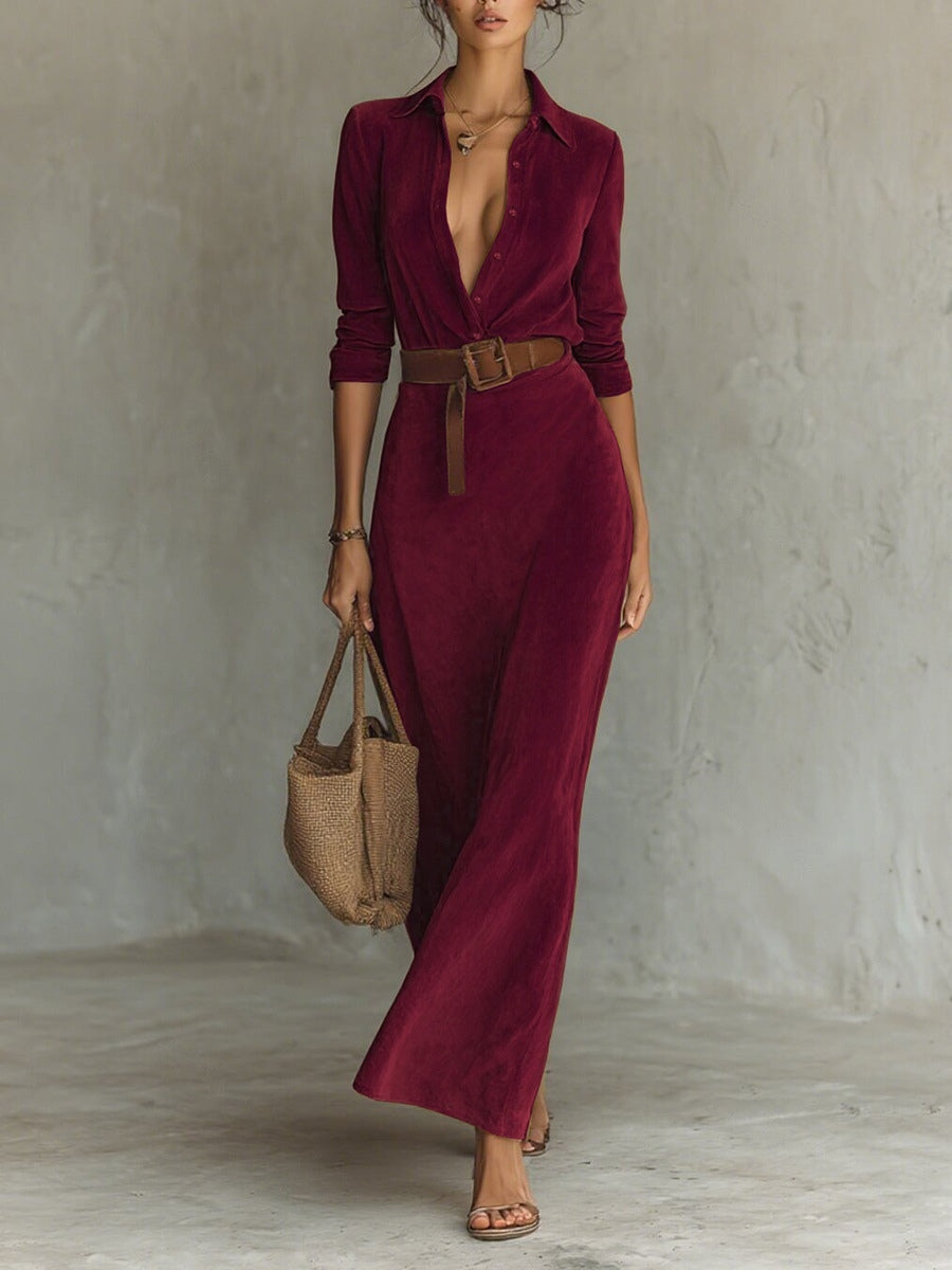 Belted Lapel Maxi Dress