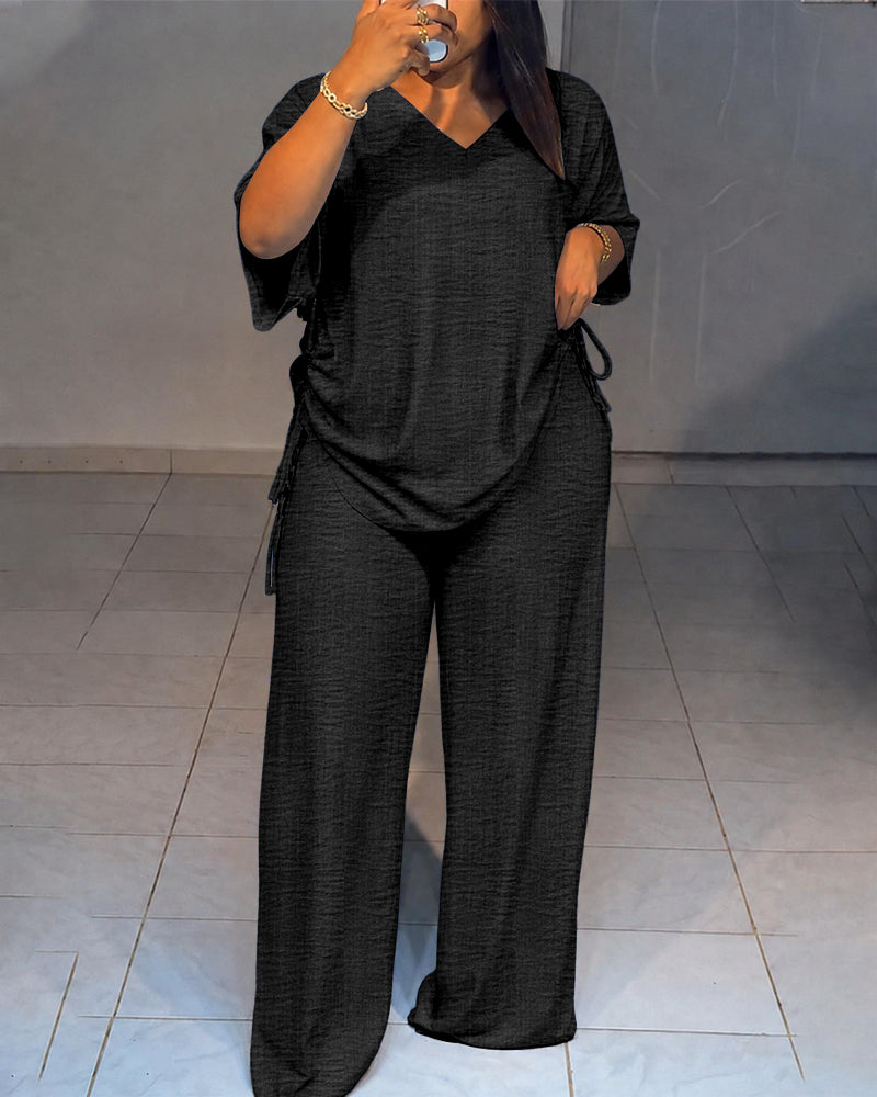 Women's Textured 2 Piece V Neck Drawstring Wide Leg Pants Set