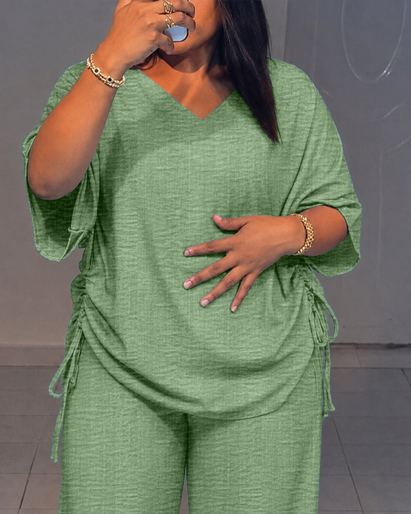 Women's Textured 2 Piece V Neck Drawstring Wide Leg Pants Set