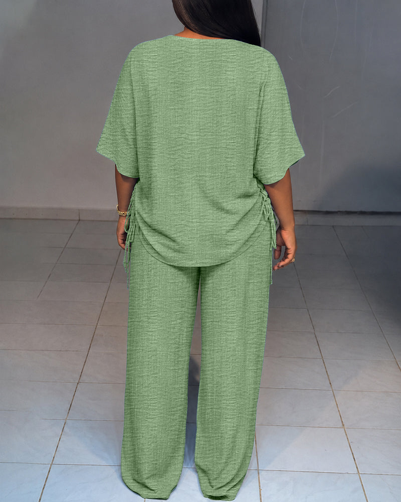 Women's Textured 2 Piece V Neck Drawstring Wide Leg Pants Set