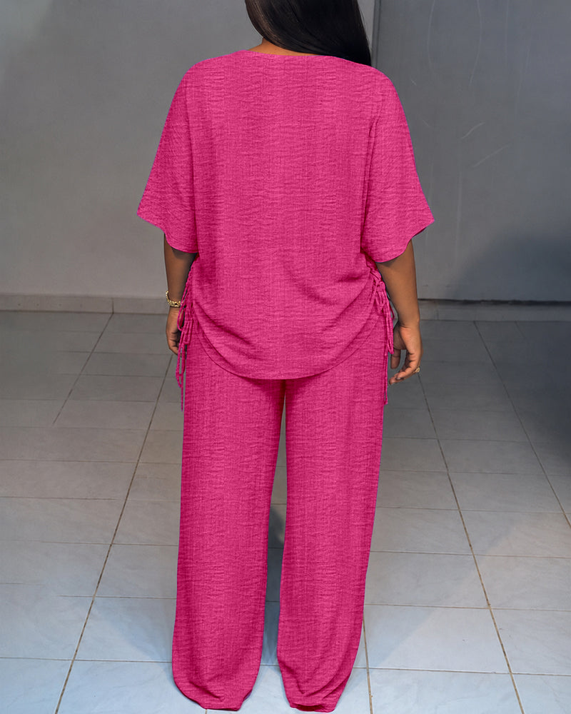 Women's Textured 2 Piece V Neck Drawstring Wide Leg Pants Set