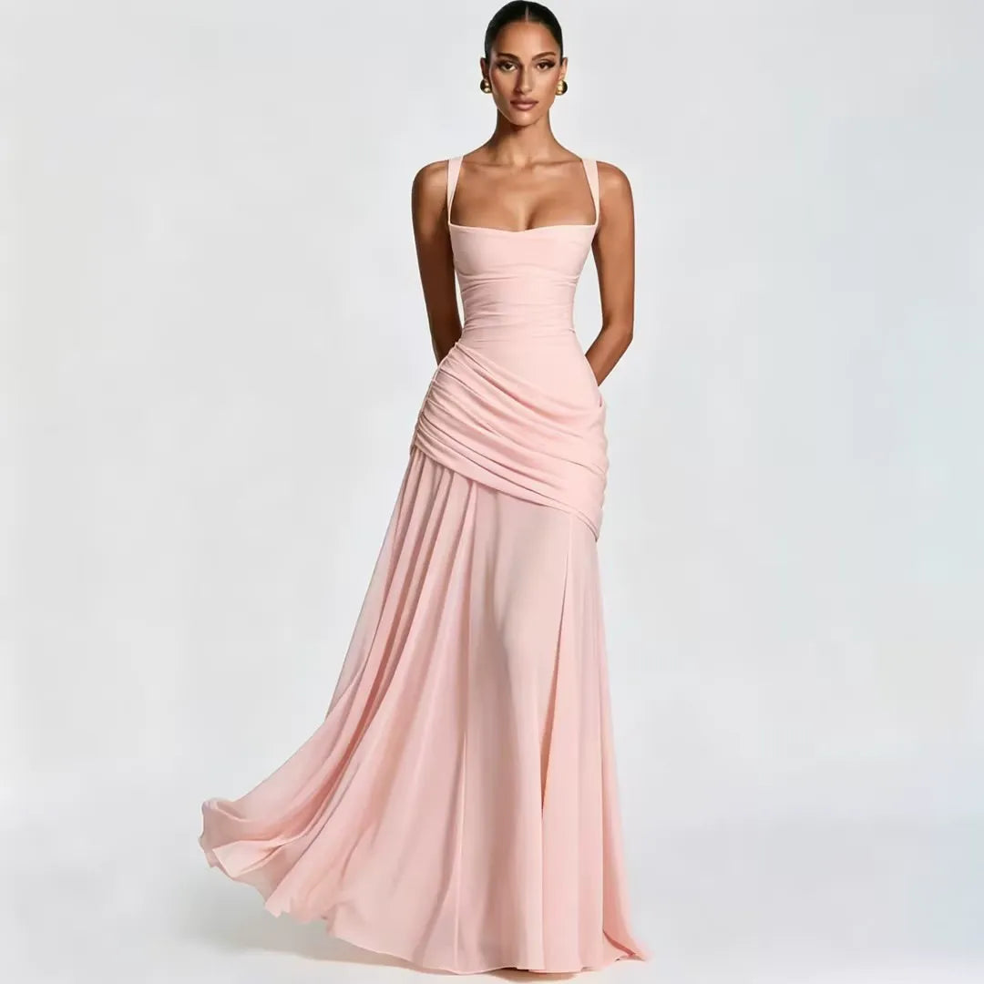 Enie | Ruched Square Neckline Maxi Dress