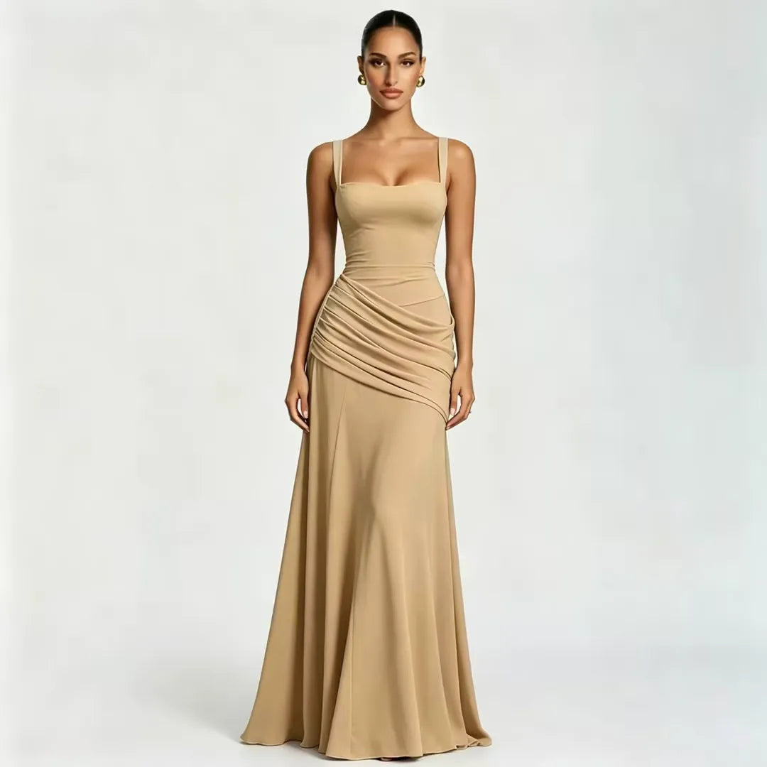 Enie | Ruched Square Neckline Maxi Dress