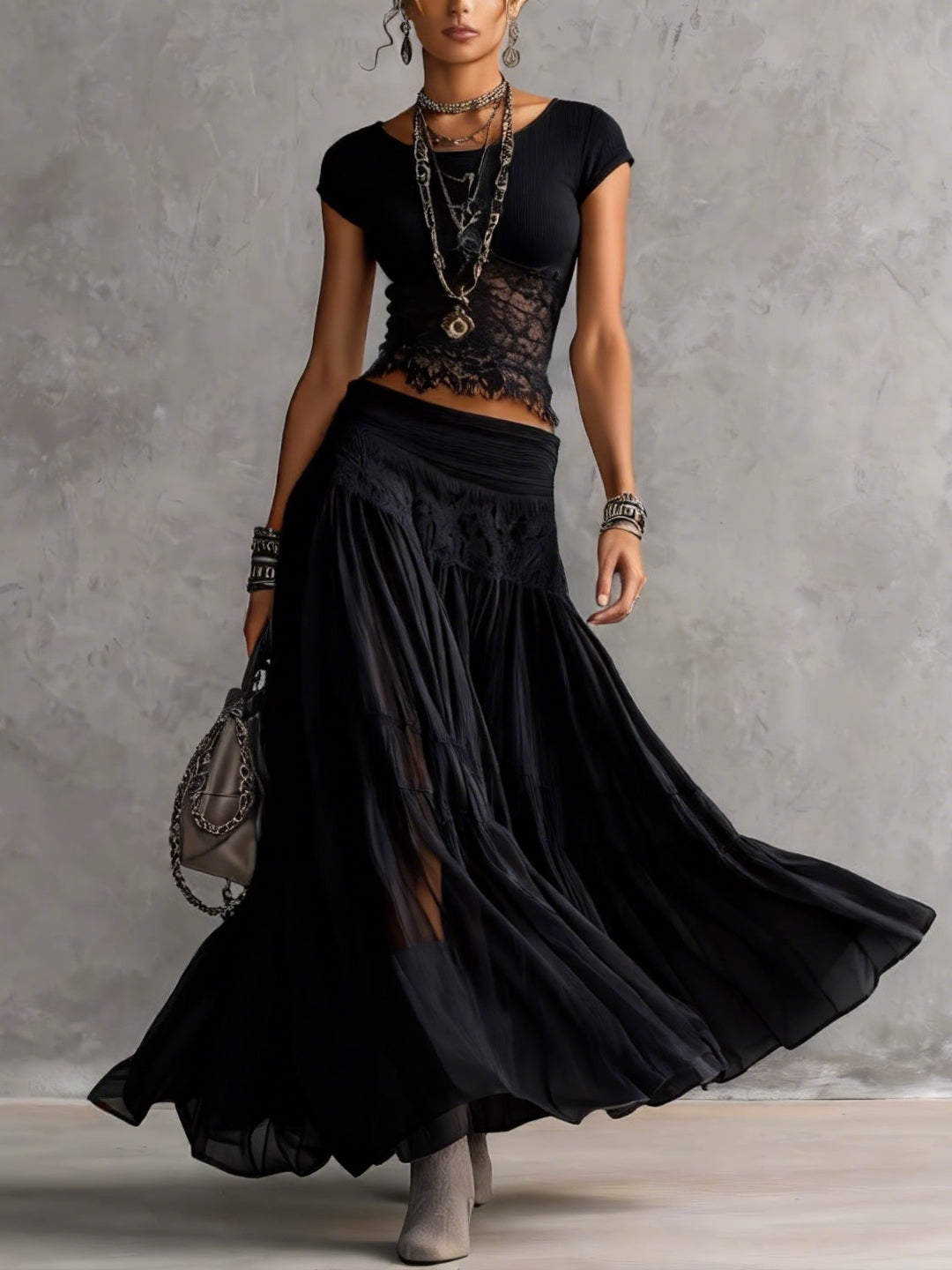 Geneva | Set Consisting of a Transparent Top With Black Lace Panels and a Maxi Pleated Skirt