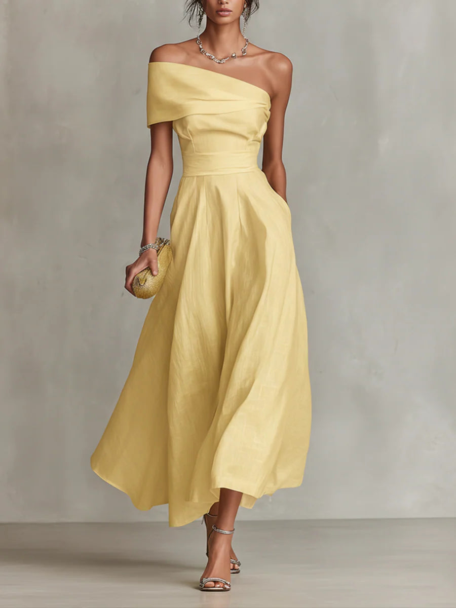 Yellow Linen One-Shoulder Maxi Dress
