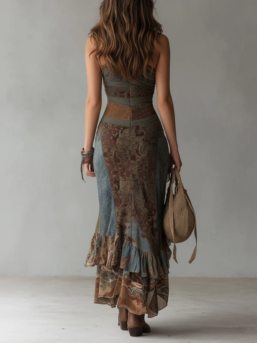 Ethnic One-Shoulder Slit Maxi Dress