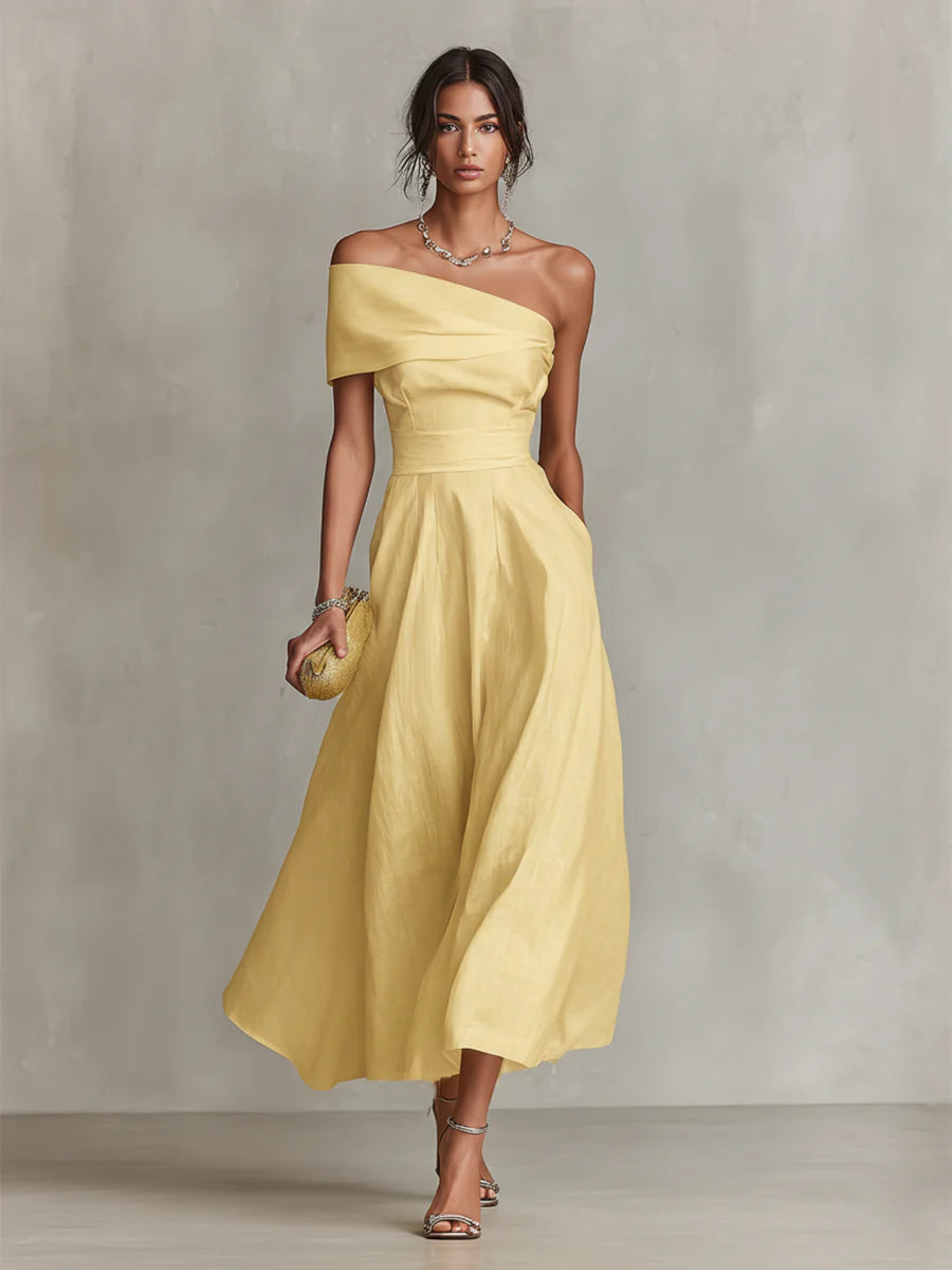 Yellow Linen One-Shoulder Maxi Dress
