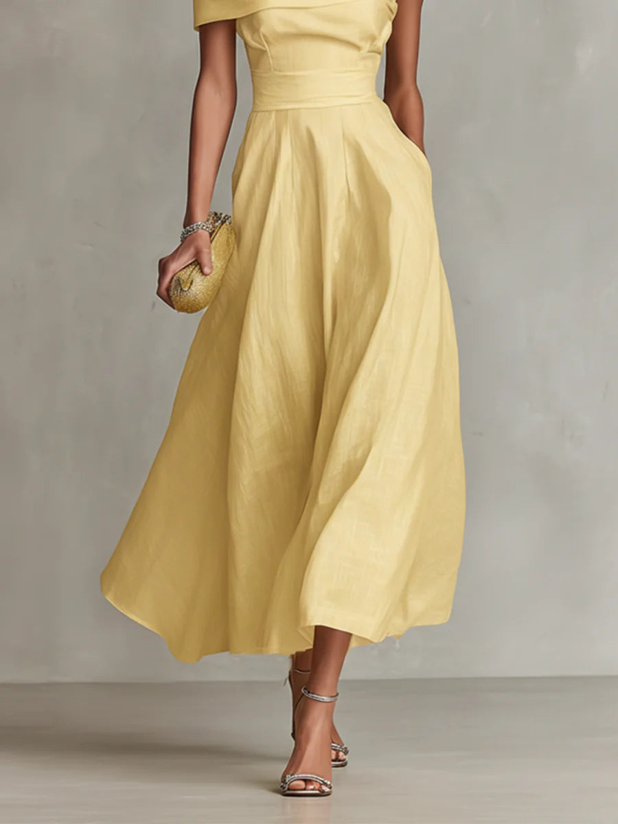 Yellow Linen One-Shoulder Maxi Dress