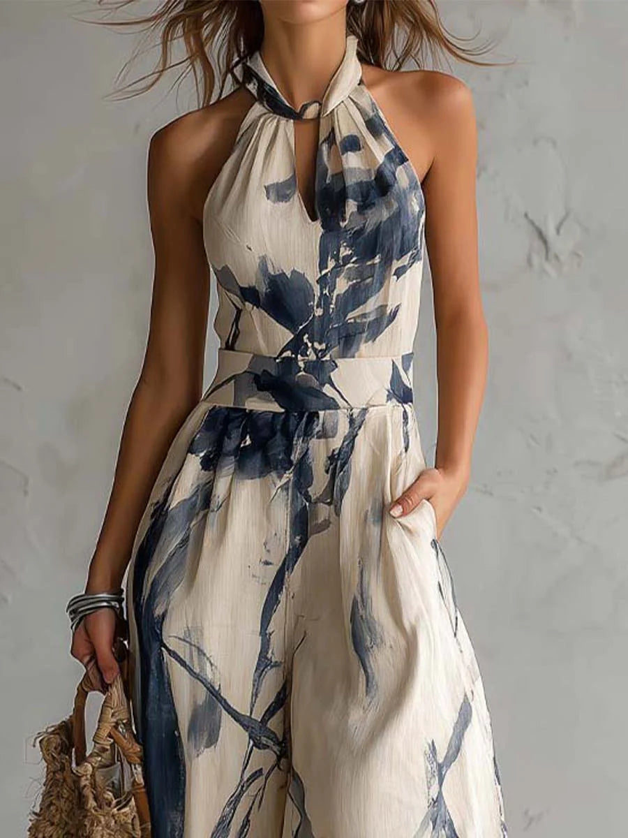 Halter Ink Wash Wide-Leg Jumpsuit