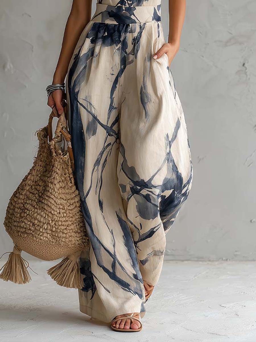 Halter Ink Wash Wide-Leg Jumpsuit