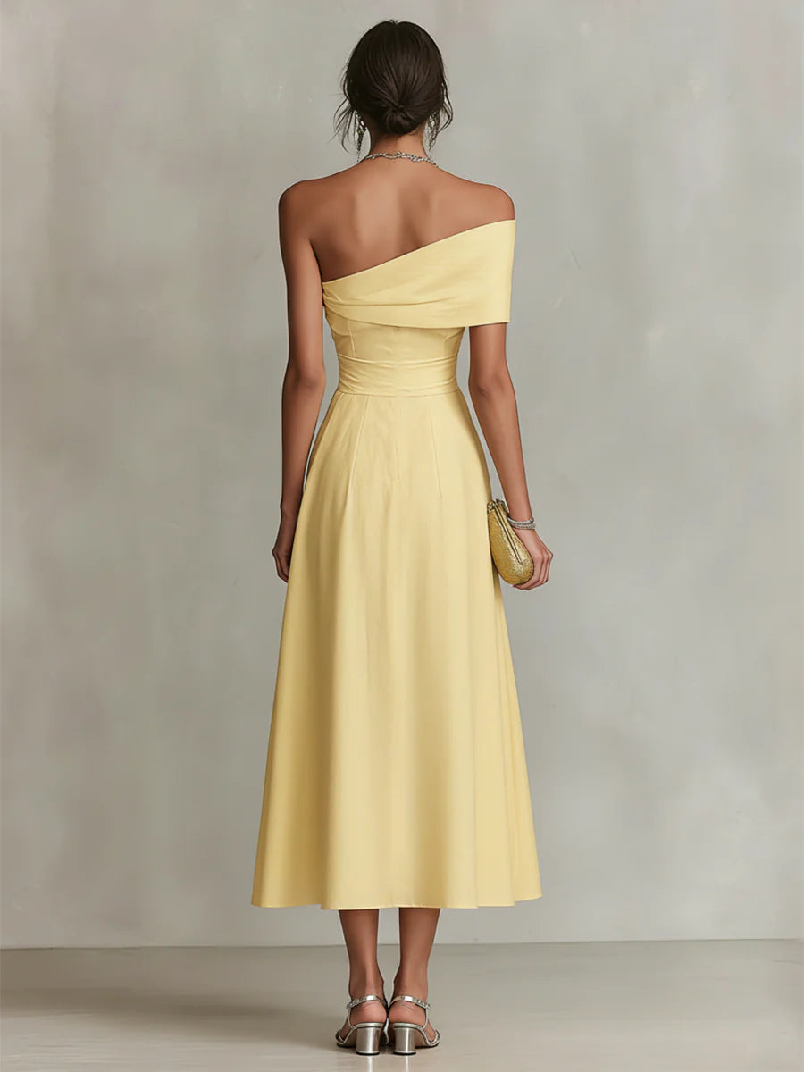 Yellow Linen One-Shoulder Maxi Dress
