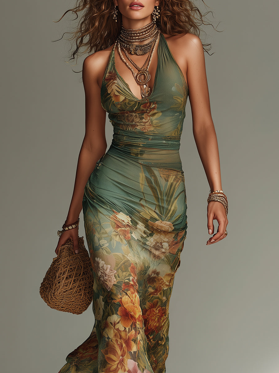 Retro Oil Painting Floral Print Maxi Dress