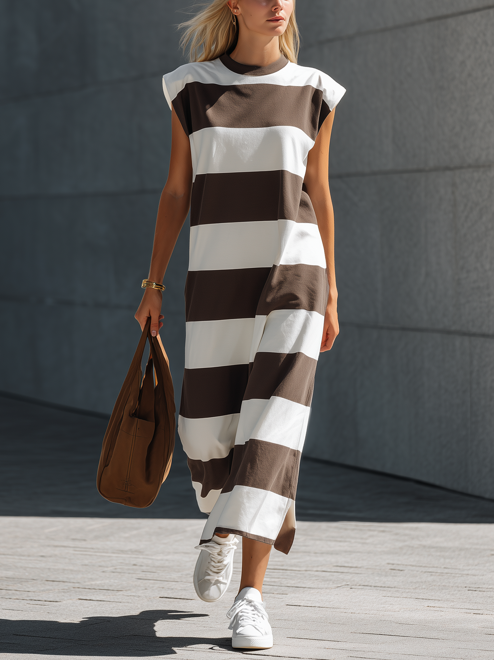 Women's Casual Brown & White Stretch-Knit Maxi Dress