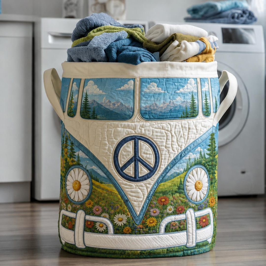 Hippie Van Flowers Quilted Laundry Basket