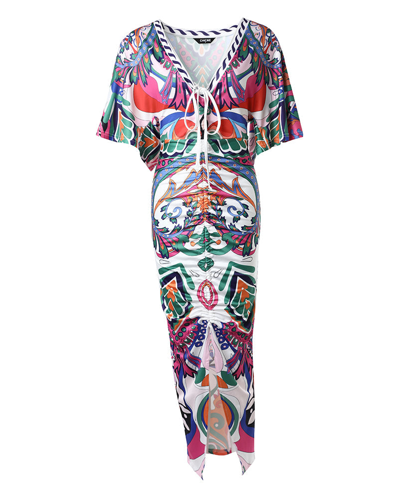 Women's Deep V Neck Abstract Print Ruched Front Slit Maxi Dress