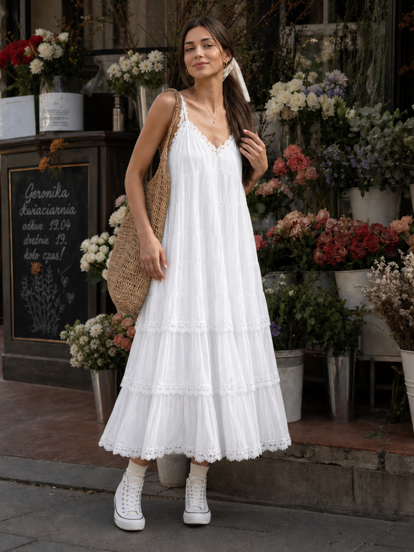 Lorelei | Robe mi-longue superposée en dentelle à fines bretelles
