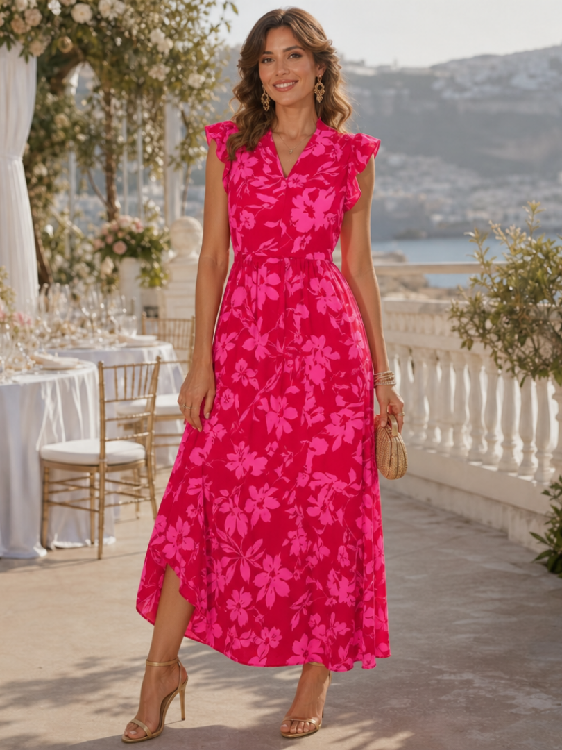 Zame | Robe midi sans manches à col en V et ourlet à volants
