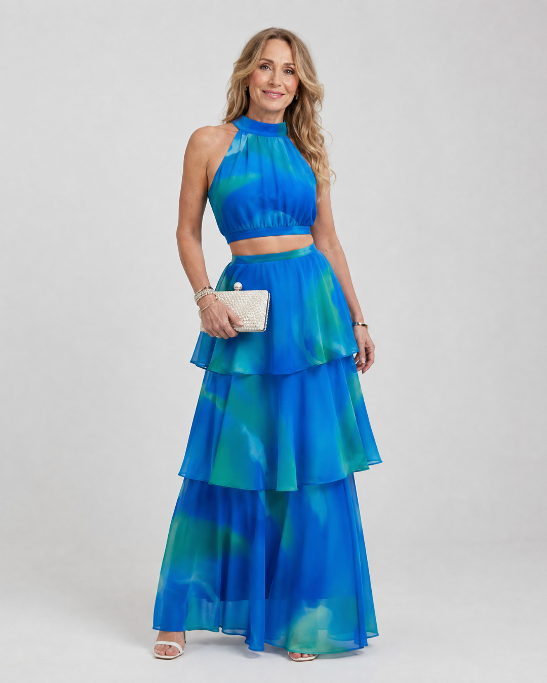 Liora | Natural Floral Halter Cutout Tiered Maxi Dress