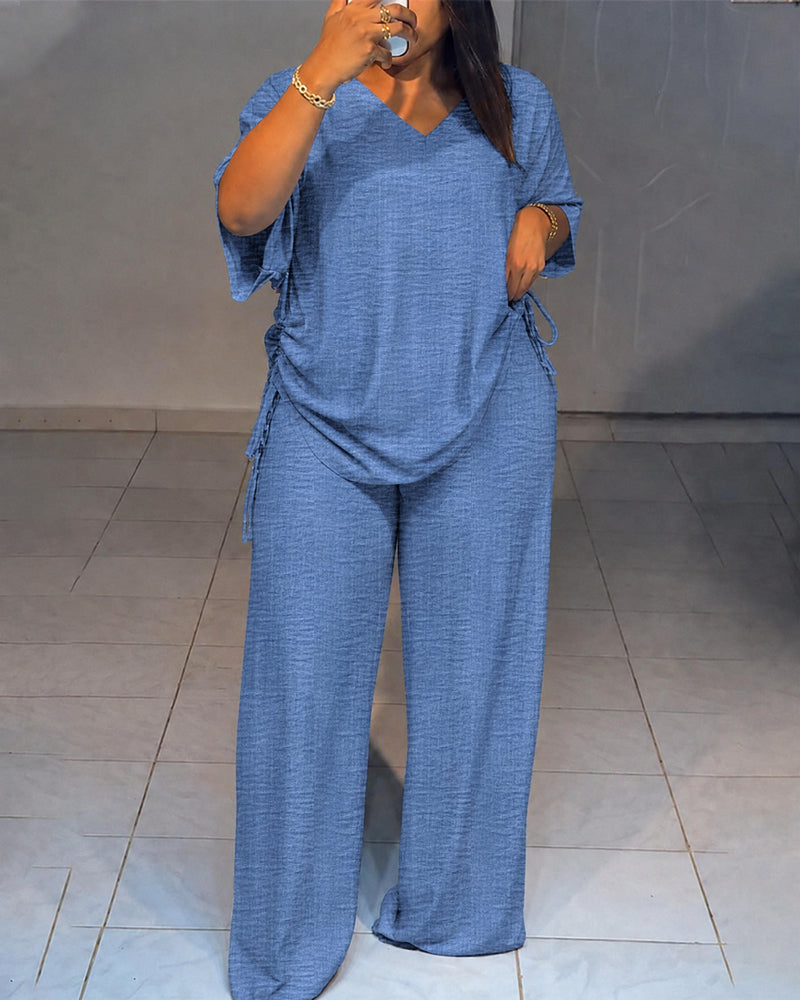 Women's Textured 2 Piece V Neck Drawstring Wide Leg Pants Set