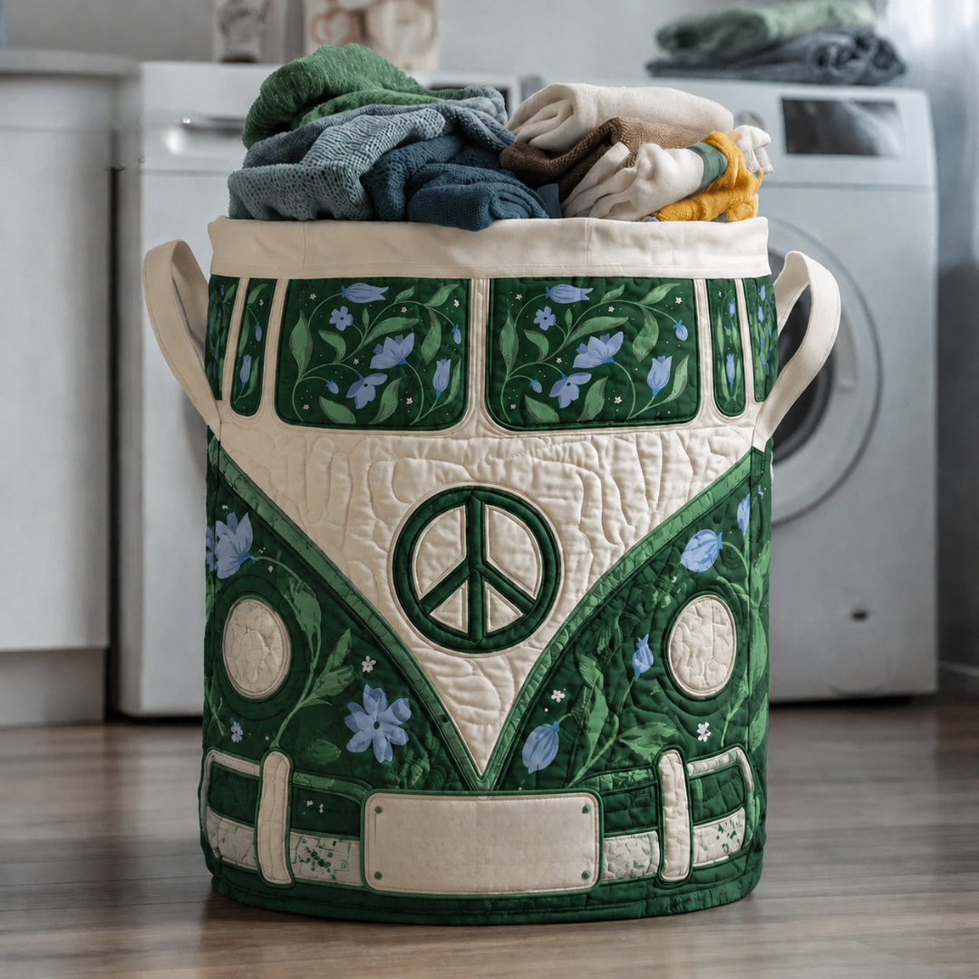 Green Hippie Van Quilted Laundry Basket