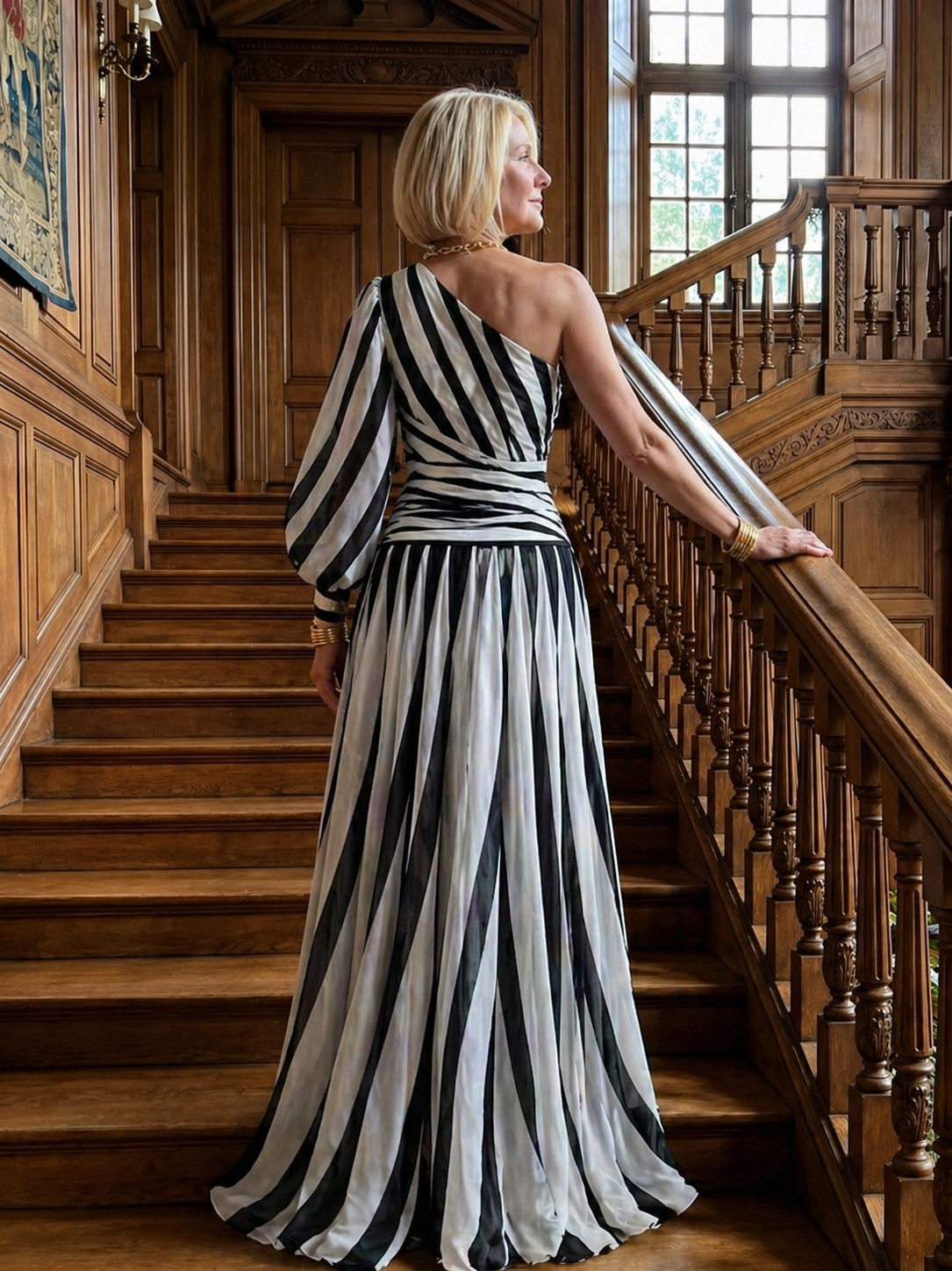 Shiloh | Elegant Striped Maxi Dress with One Shoulder