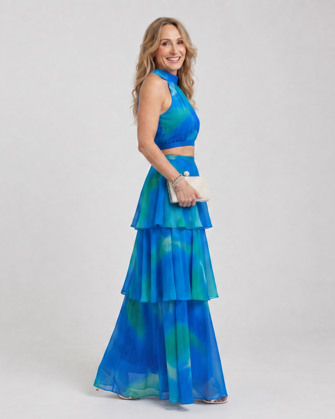 Liora | Natural Floral Halter Cutout Tiered Maxi Dress