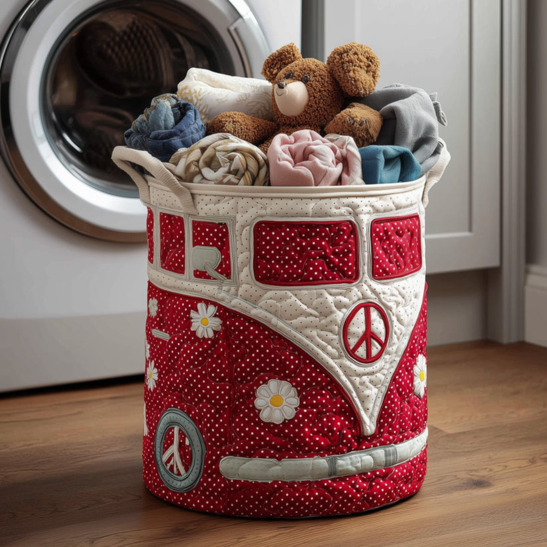 Deep Red Hippie Van Quilted Laundry Basket