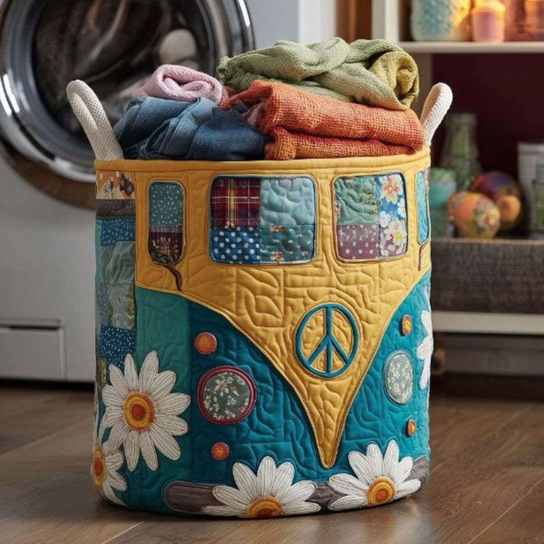 Daisy Hippie Van Quilted Laundry Basket
