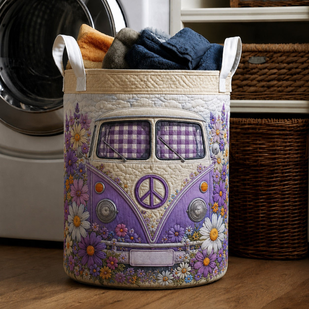 Purple Hippie Camper Van Quilted Laundry Basket
