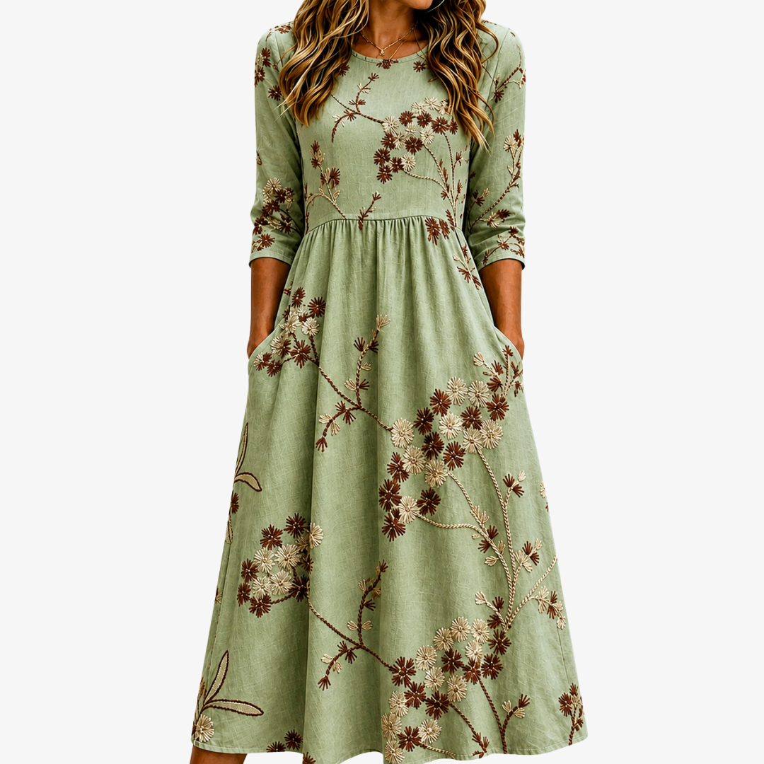 Sage Floral Pocket Midi Dress