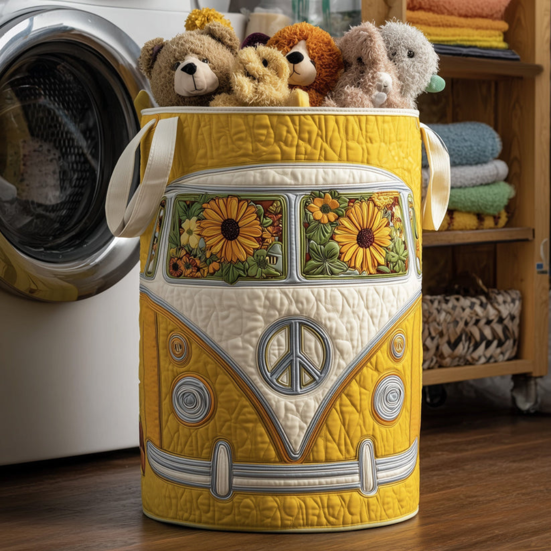 Yellow Dandelion Hippie Van Quilted Laundry Basket