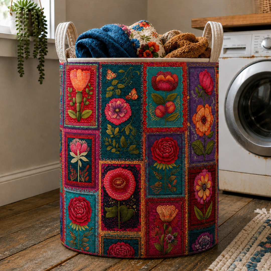 Colorful Floral Patchwork Quilted Laundry Basket