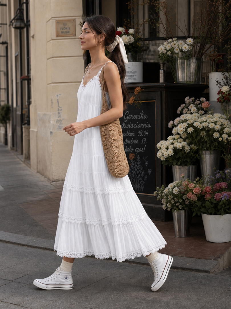 Lorelei | Robe mi-longue superposée en dentelle à fines bretelles
