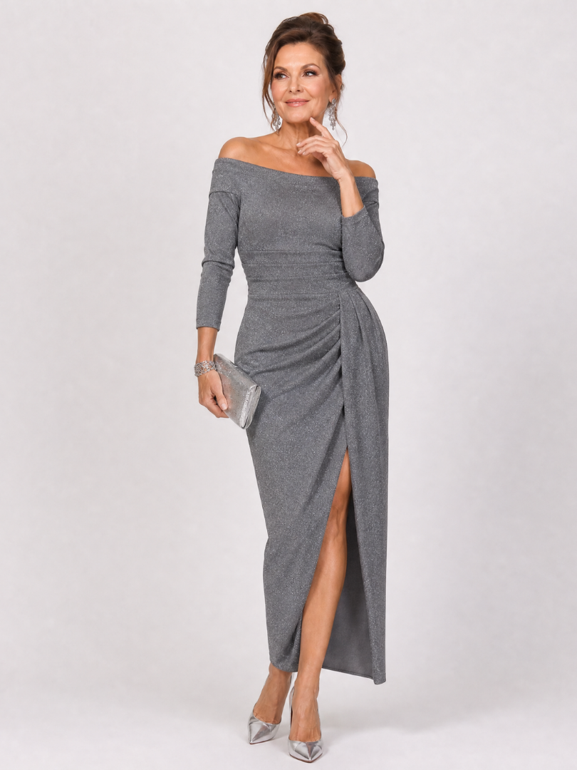 Maren | Off-Shoulder Ruched Slit Midi Dress