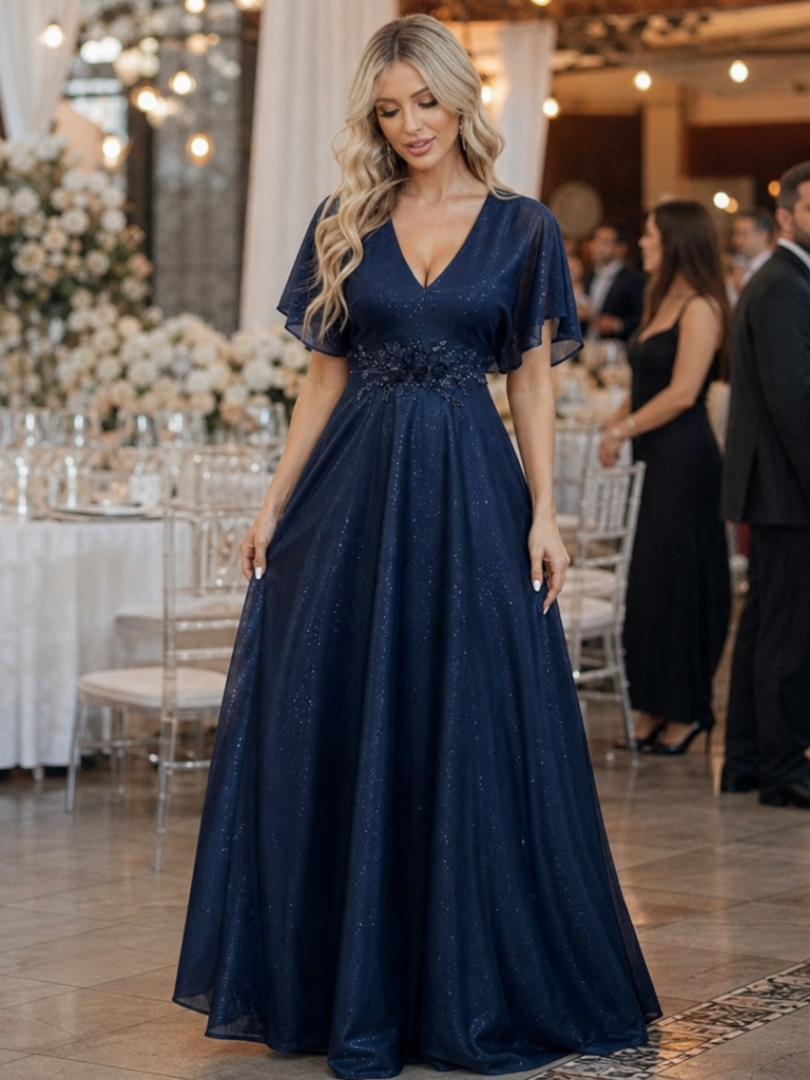 Orelia | Robe longue fluide à col en V et manches courtes