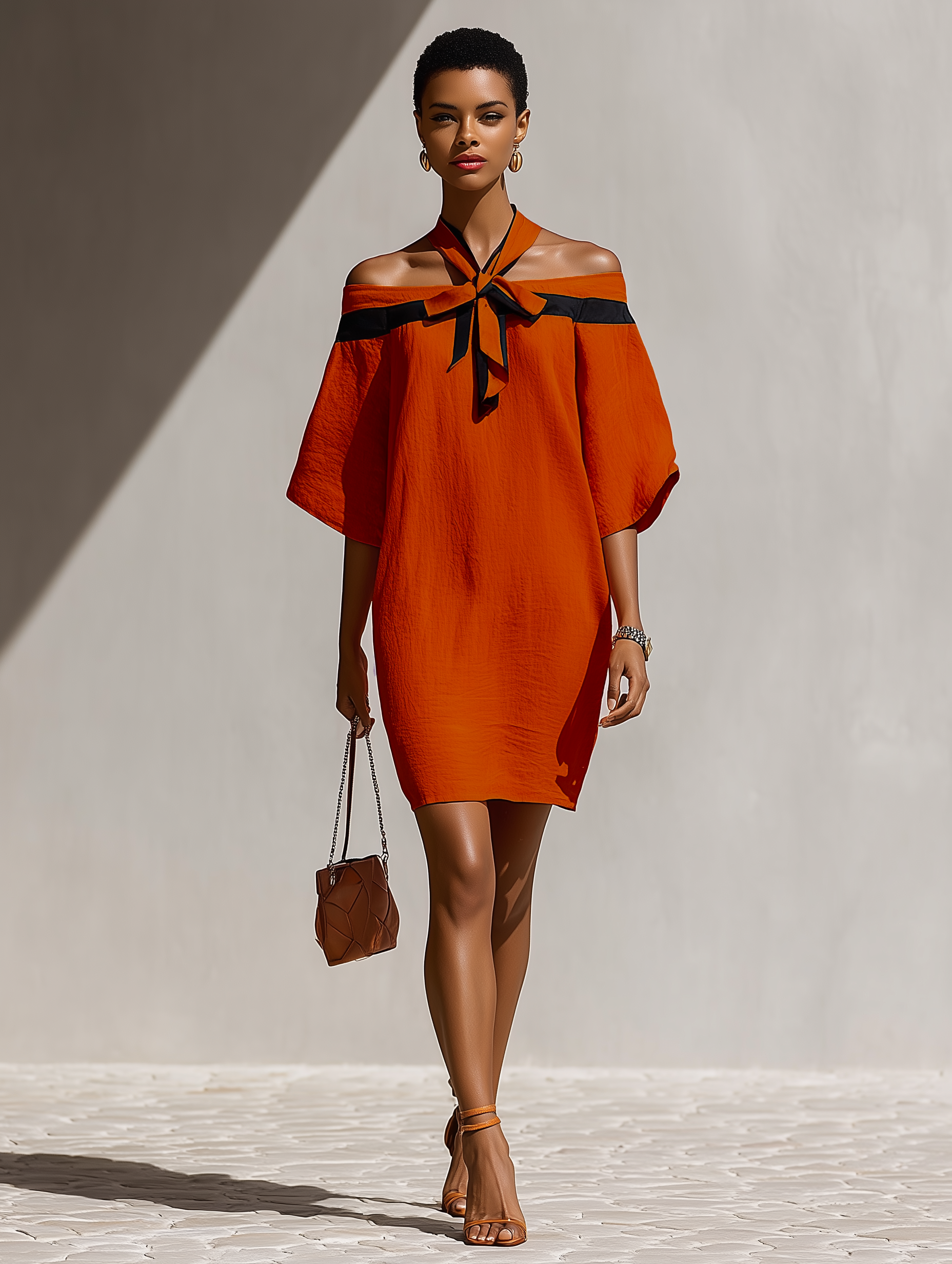 Women’s Orange Off-Shoulder Mini Dress With Black Bow