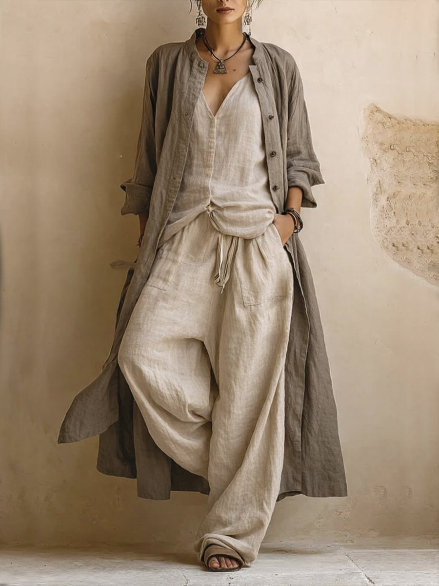 Donatella |  Three-Piece Casual Set: Long Cardigan, Sleeveless Top, and Bohemian-Style Pants