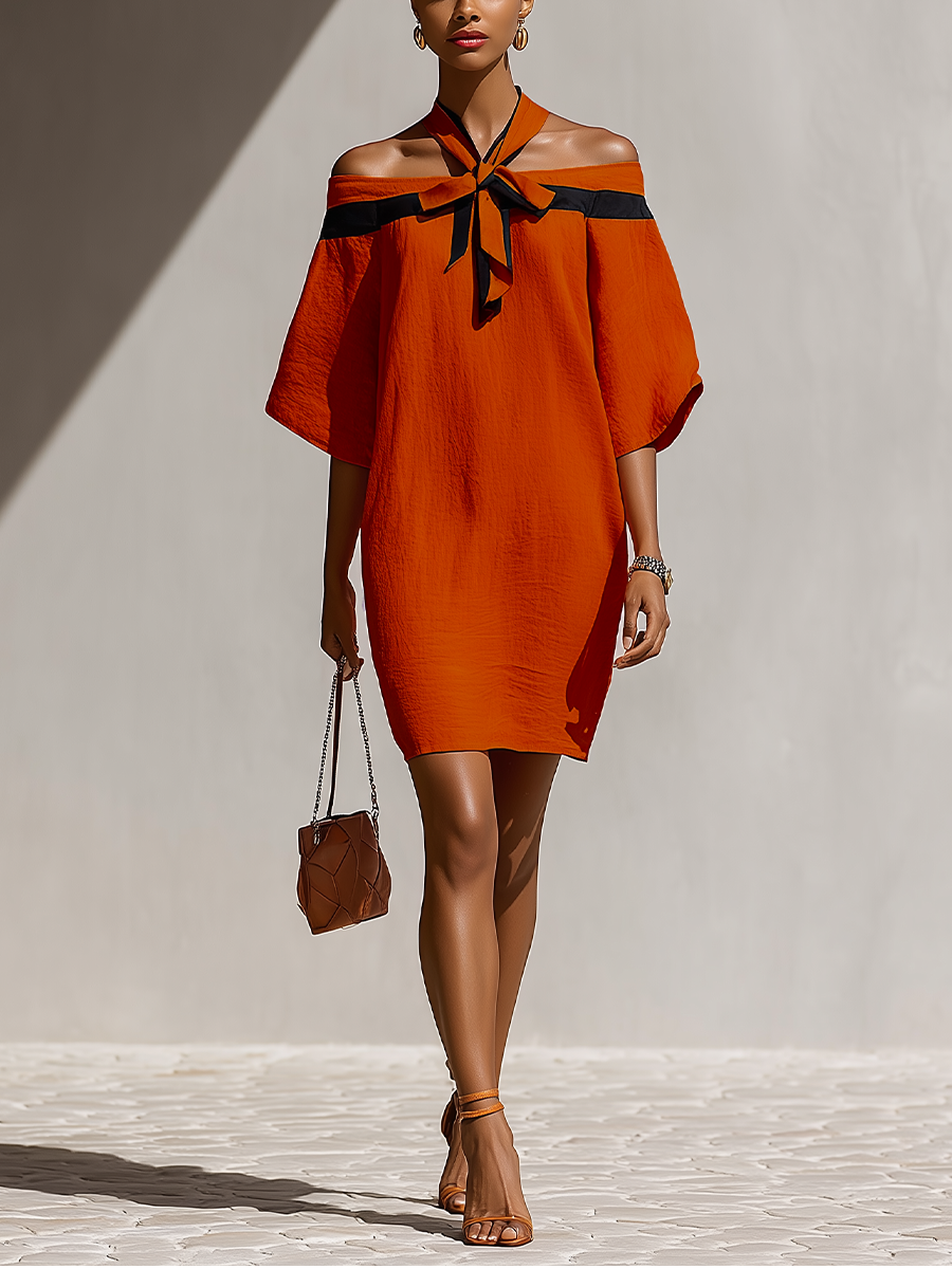 Women’s Orange Off-Shoulder Mini Dress With Black Bow