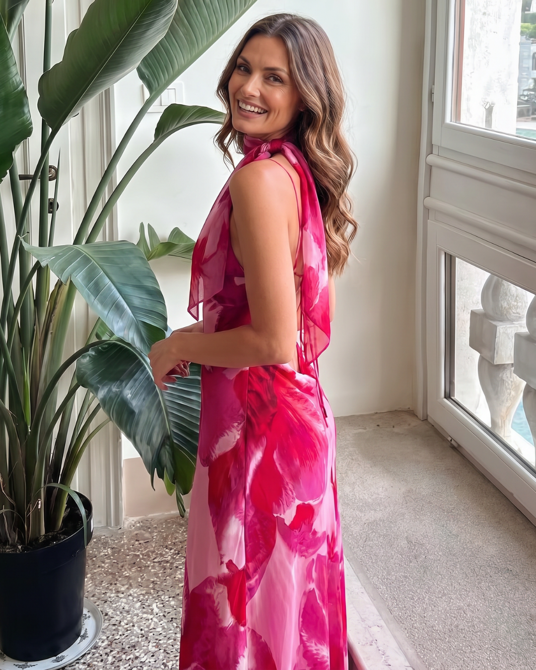 Lyra | Watercolor Print Sleeveless Deep V Midi Dress