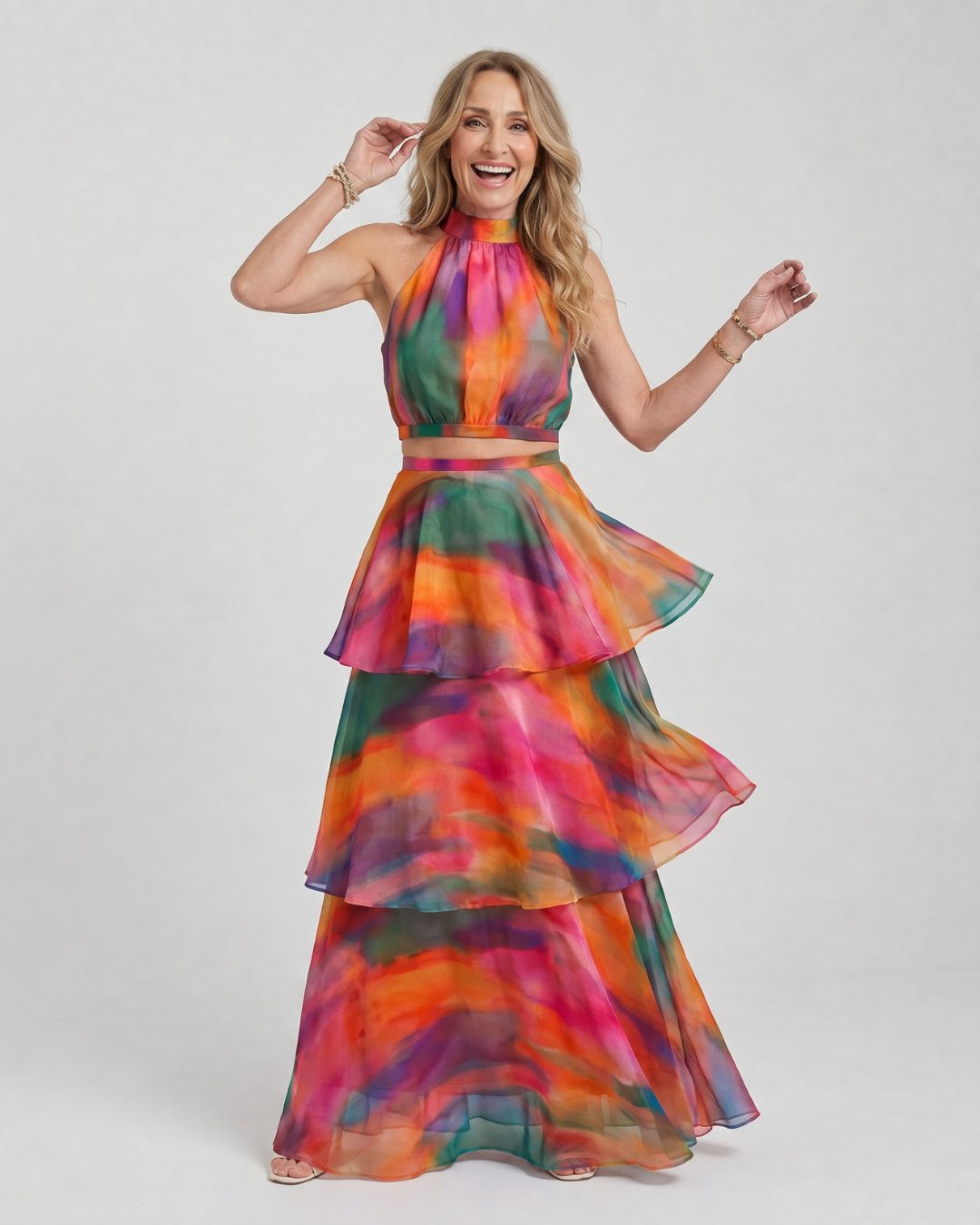 Liora | Natural Floral Halter Cutout Tiered Maxi Dress