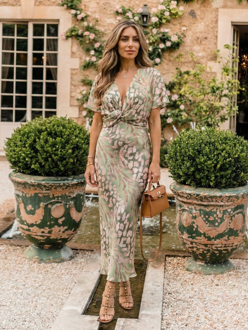 Coralie| Abstract Print V Neck Twist Waist Midi Dress