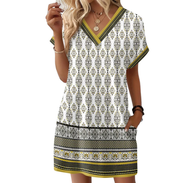 Relaxed Printed V-Neck Midi Dress