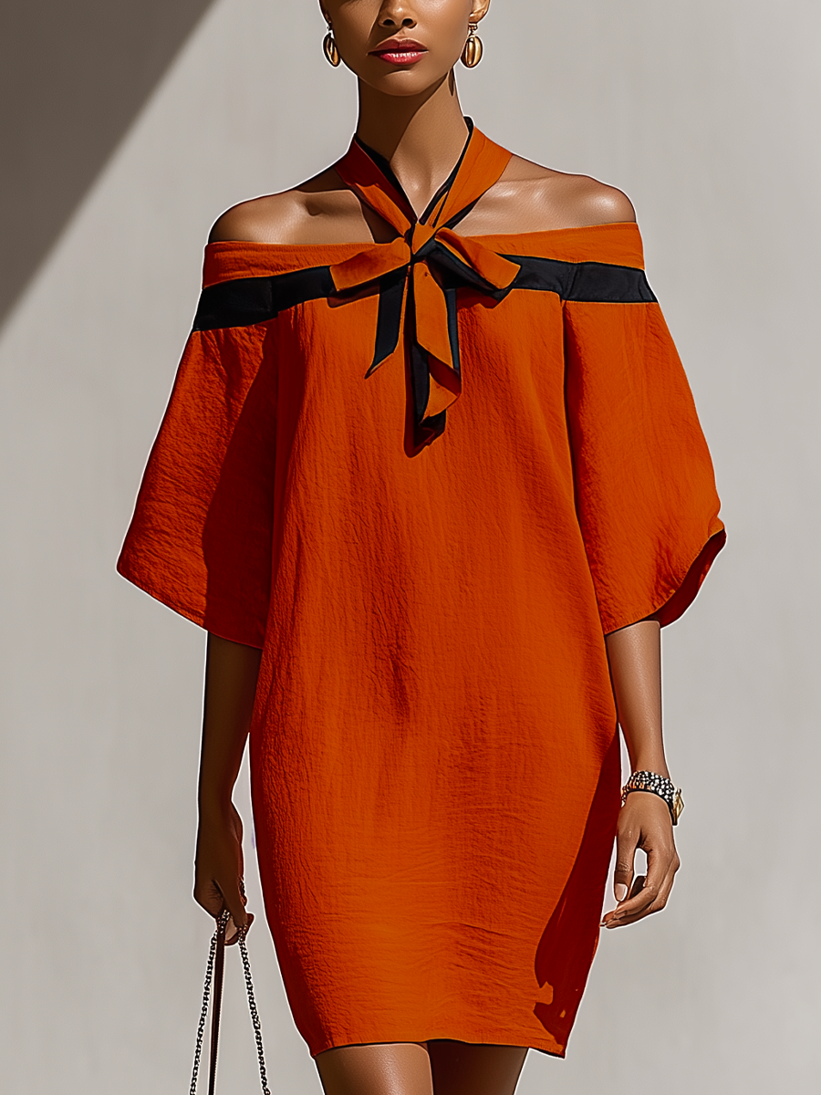Women’s Orange Off-Shoulder Mini Dress With Black Bow