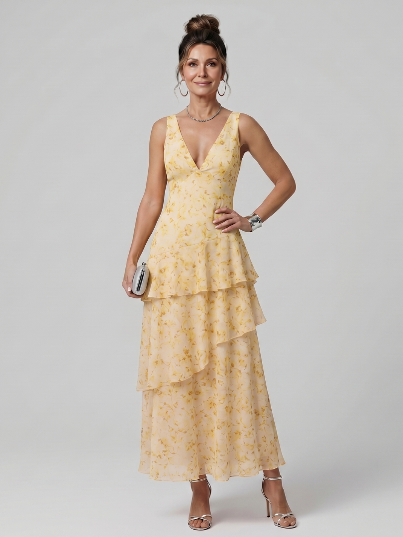 Robe midi Gala sans manches à col en V profond et motif pictural