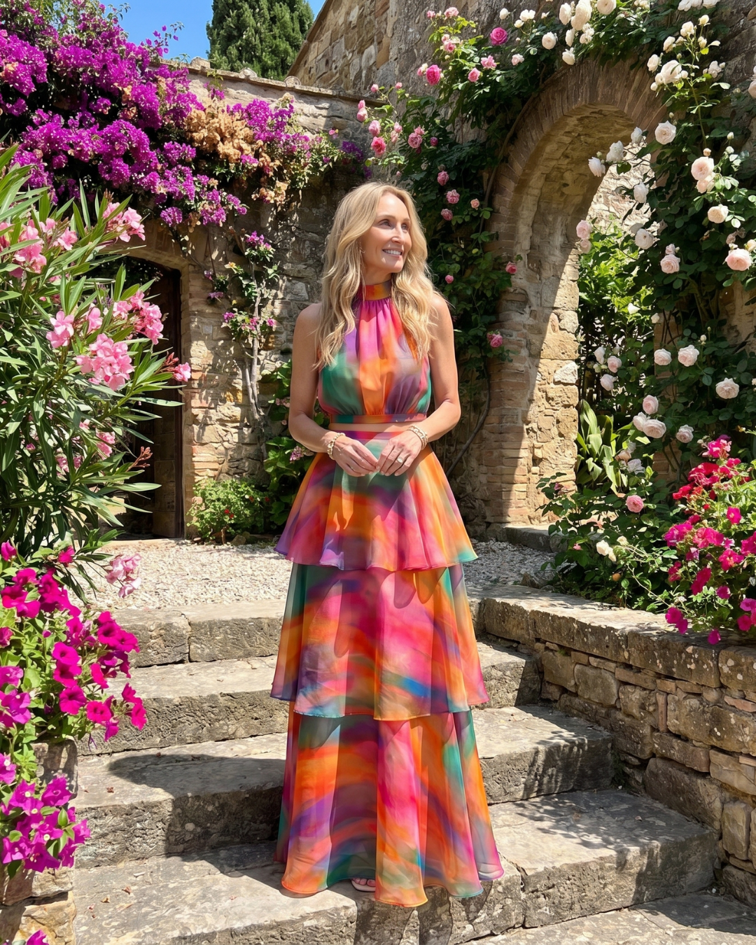 Liora | Natural Floral Halter Cutout Tiered Maxi Dress