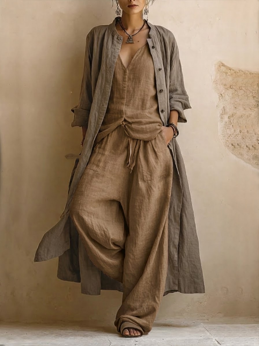 Donatella |  Three-Piece Casual Set: Long Cardigan, Sleeveless Top, and Bohemian-Style Pants