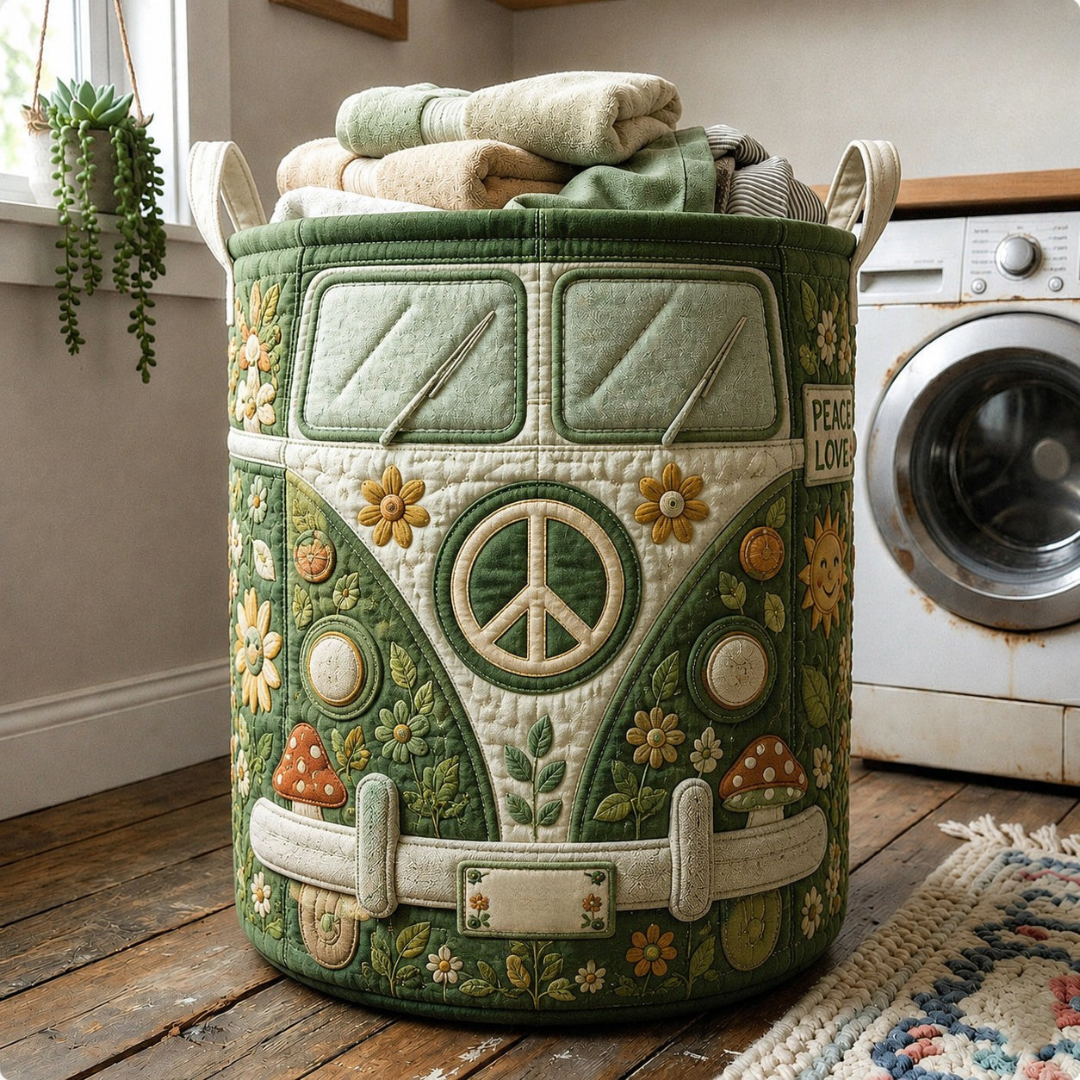 Hippie Camper Van Peace Personalized Quilted Laundry Basket