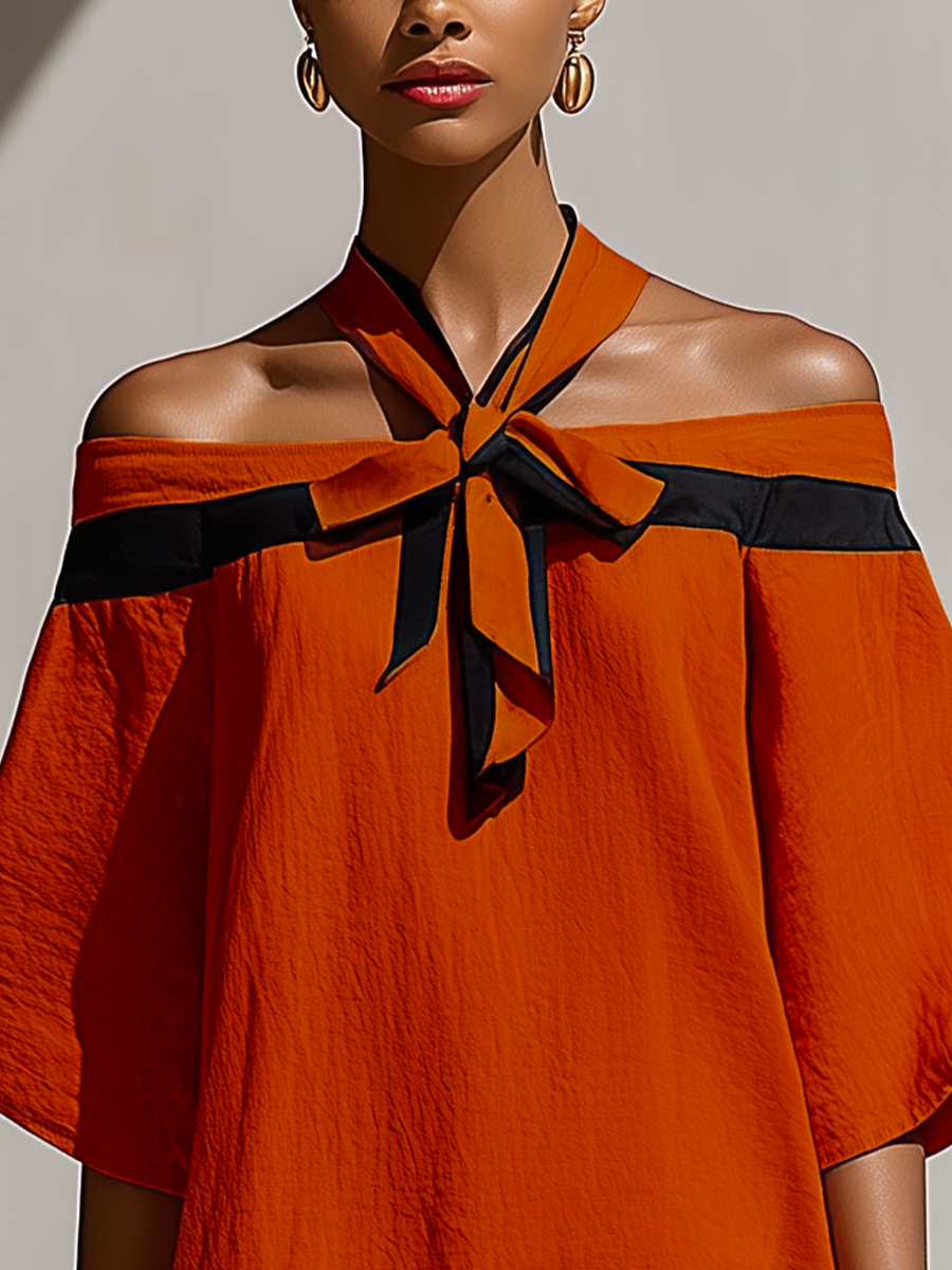 Women’s Orange Off-Shoulder Mini Dress With Black Bow